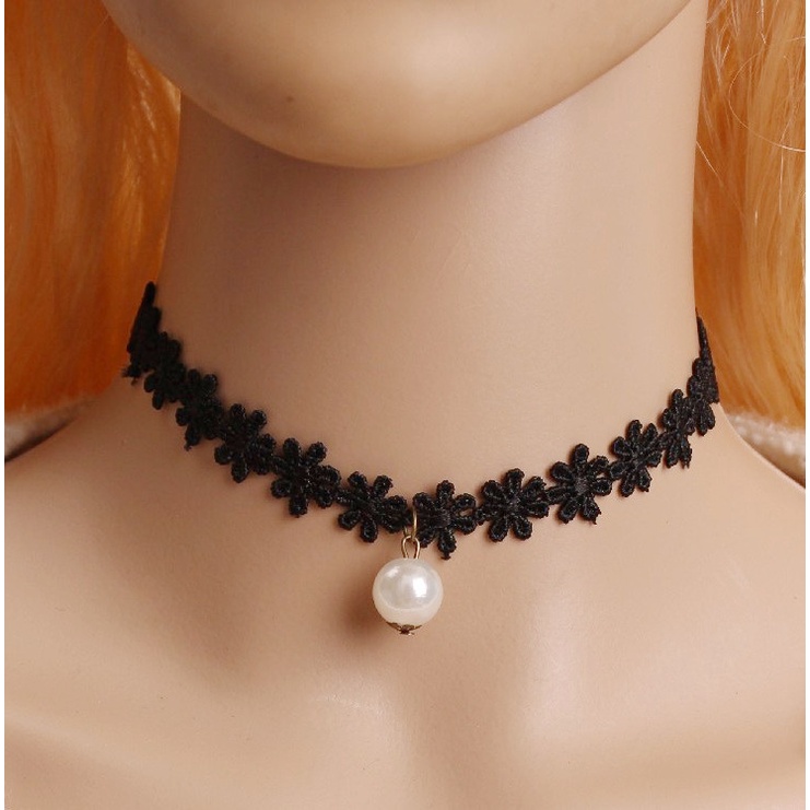 Vòng Cổ Choker Dây Xích Xương Quai Xanh Đen Đính Hạt Ngọc Trai Trắng Hình Bông Hoa Phong Cách Hàn Quốc