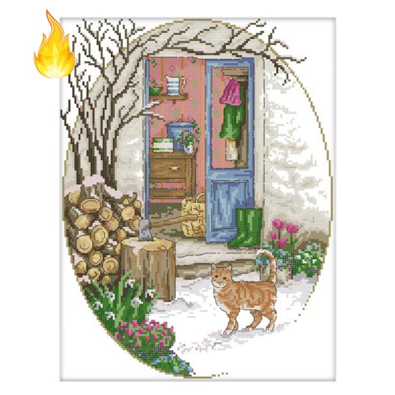 Bộ Dụng Cụ Thêu Tranh Chữ Thập 14CT Họa Tiết Mèo Dễ Thương Gắn Phía Trước Cửa