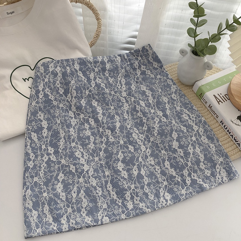Summer retro lace stitching floral high waist A-line bag hip mini skirt