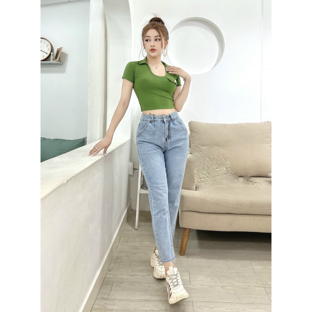 Quần jeans baggy ống suông nữ CRAZYTEEN lai rách cá tính K0301