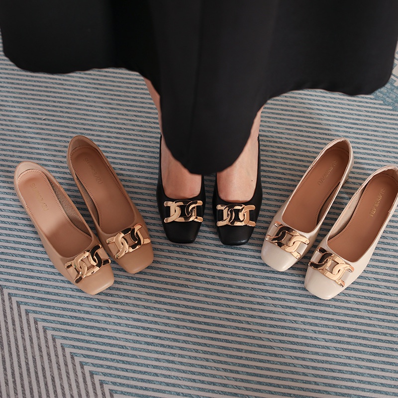 Giày Cao Gót Mũi Vuông Đế Dày Phối Khóa Kim Loại Phong Cách Hàn Quốc Size 32 33 34