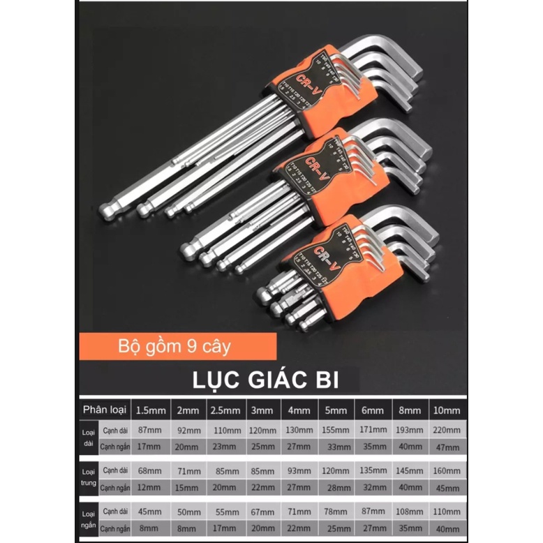 Bộ Lục Giác Bi Gồm 9 Cây, Độ Cứng HRC 50-55 Sử Dụng Đa Năng Với Nhiều Kích Thước