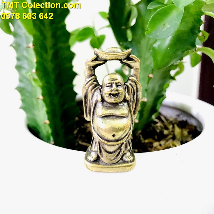 Tượng Đồng Phật Di Lạc Nâng Đỉnh Vàng, trưng bày trong nhà, bàn sách, bàn làm việc-TMT Collection- SP005317
