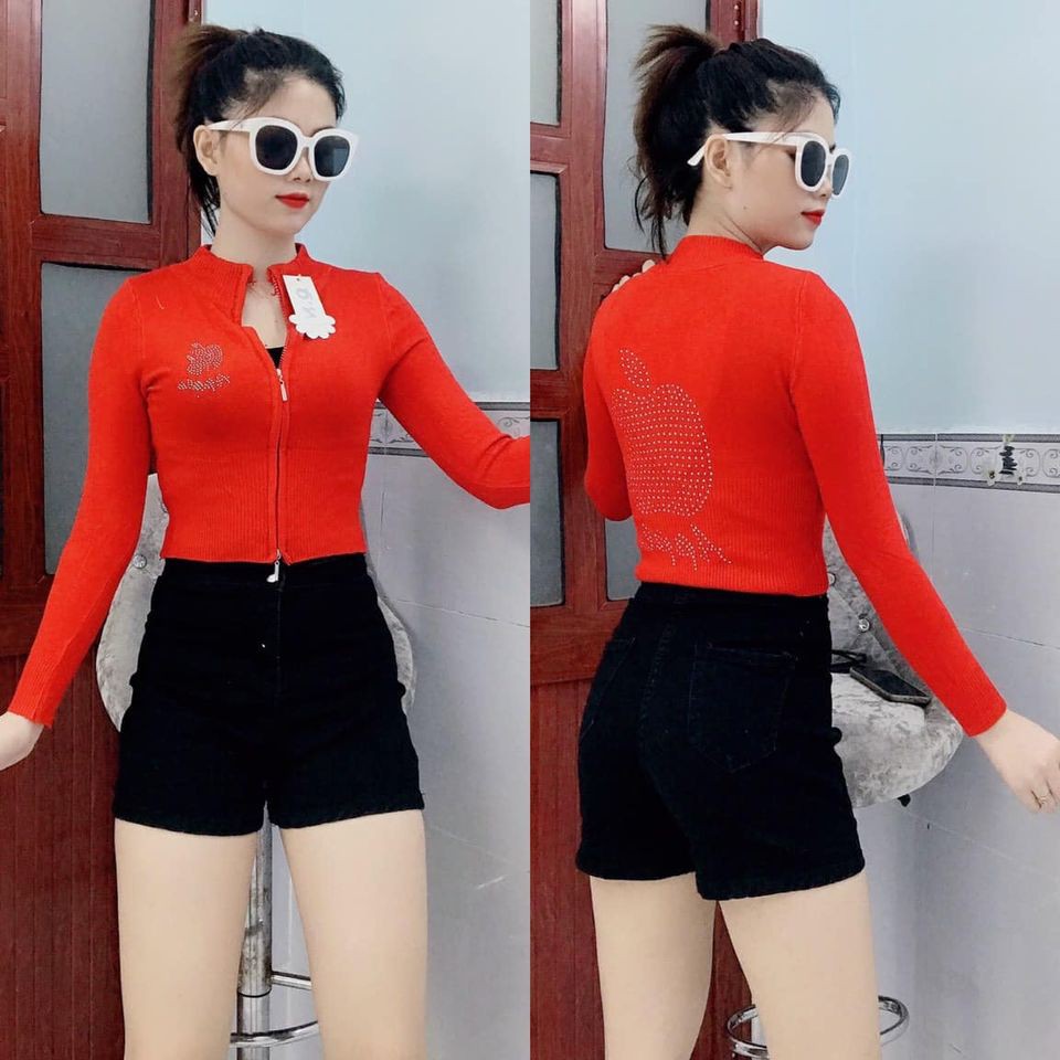 Áo khoác len croptop dây kéo đôi đính hạt