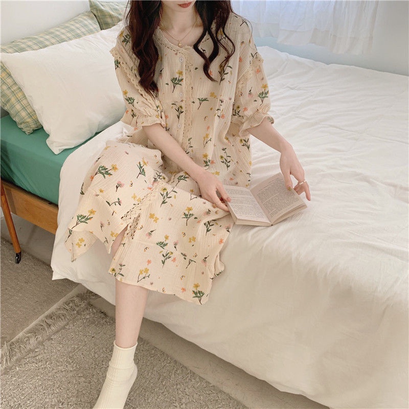 Đầm Ngủ Tay Ngắn Dáng Dài Rộng In Họa Tiết Hoa Thời Trang Mùa Hè Phong Cách Hàn Quốc Cho Nữ