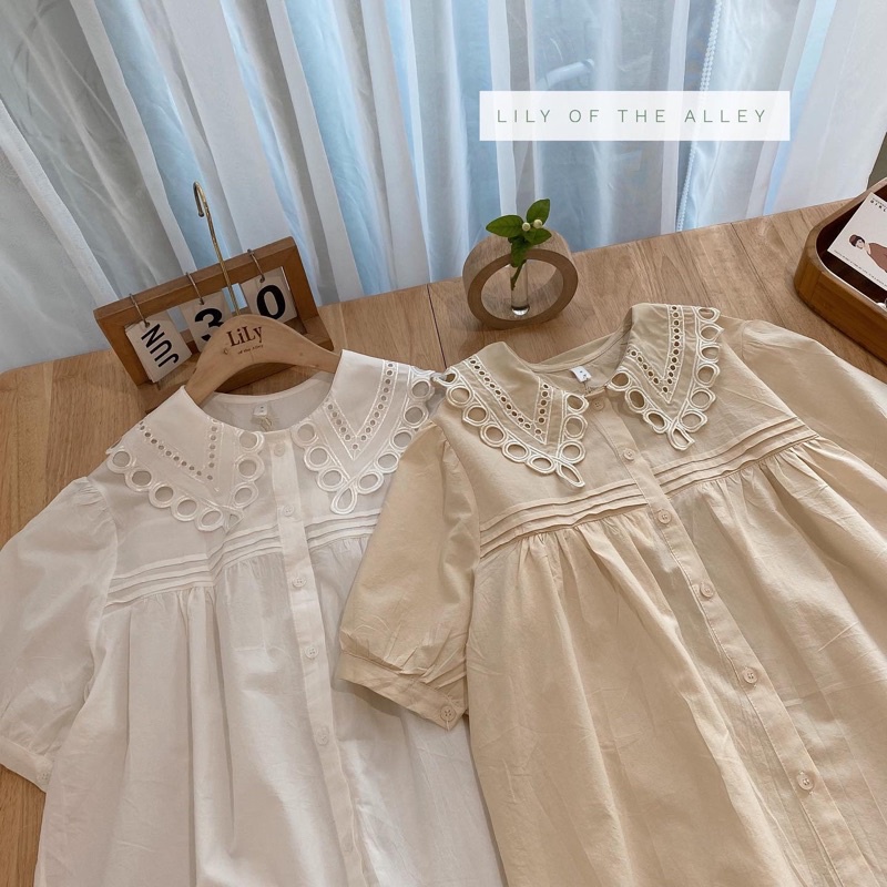 Áo sơ mi cộc tay cổ thêu khuyên tròn