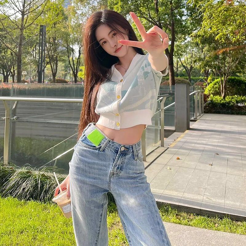 Xiaozhainv Áo cardigan Ngắn Tay Cổ Chữ V Thêu Họa Tiết Màu Sắc Tương Phản retro Cho Nữ