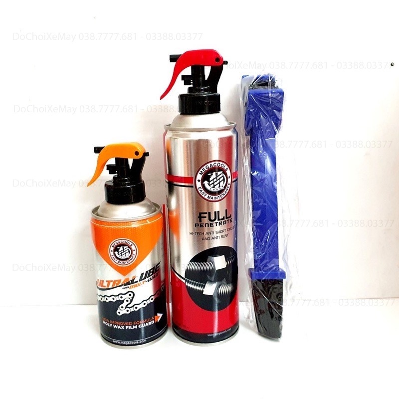 COMBO MEGACOOLS bảo dưỡng sên  Ultra Lube 300ml và Rửa sên Full Penetrate 500ml TẶNG bàn chải chà sên 3D.DoChoiXeMay