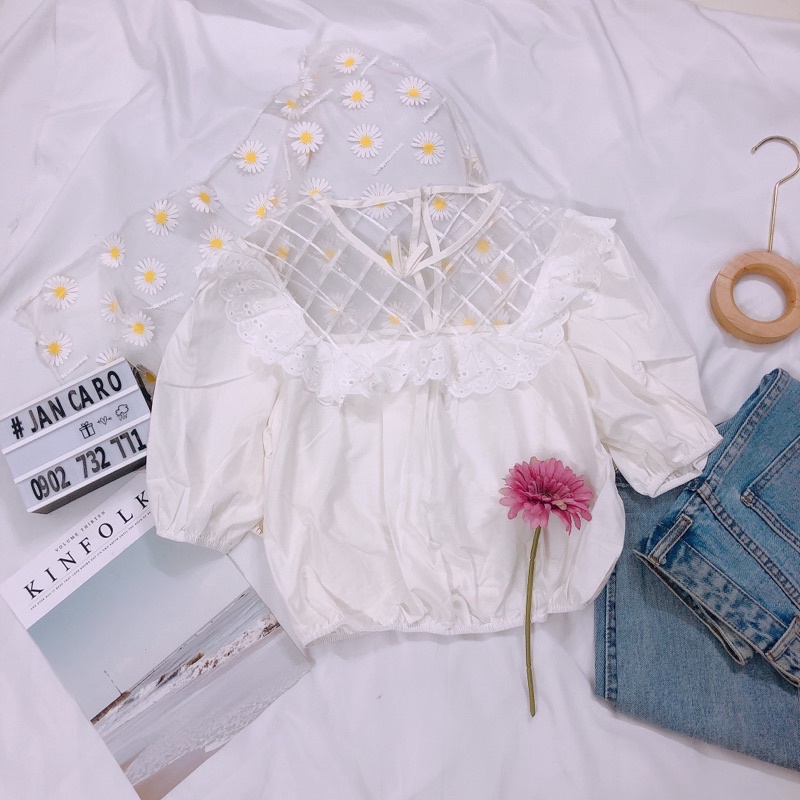 Áo Kiểu Nữ Phối Ren Tay Ngắn Có Bo Eo Chất Đẹp Sexy - Jancaroshop