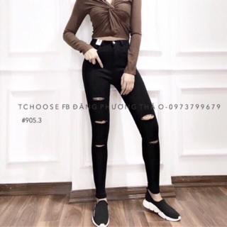 Quần bò jean đen co dãn rách nữ đa kiểu