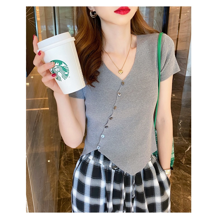 DUNEA Áo Thun Tay Ngắn Cổ Chữ V Thiết Kế Không Đồng Đều Quyến Rũ Thời Trang Cho Nữ