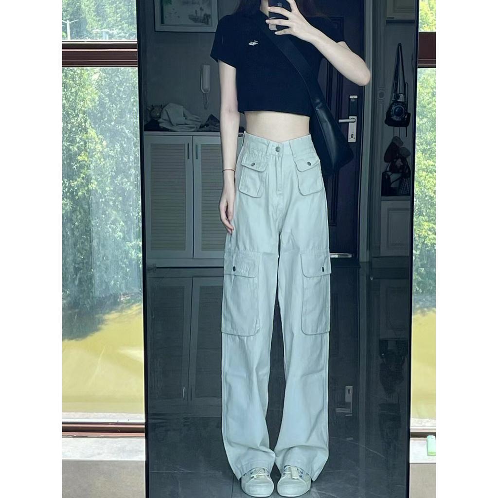 Xiaozhainv Quần Jean Dài Lưng Cao Ống Đứng Phối Hai Túi Thời Trang Đường Phố Cá Tính Cho Nữ