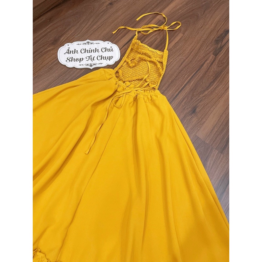 [HÌNH THẬT] Đầm maxi đi biển màu vàng nhún ngực hở lưng hot trend - MIXIZ HOUSE