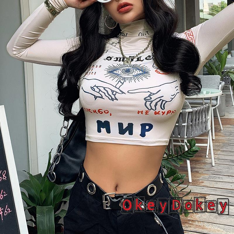 Áo Thun Tay Dài Cổ Lọ Co Giãn Ôm Dáng In Họa Tiết Gợi Cảm Cho Nữ