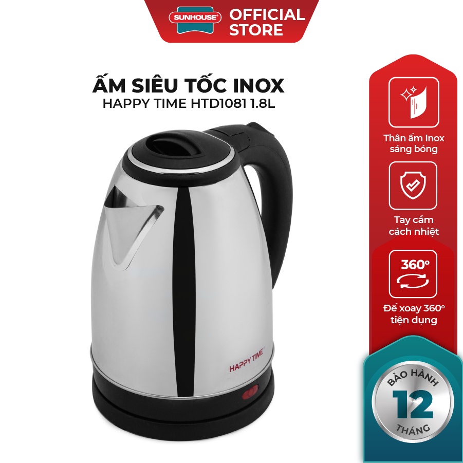 Ấm siêu tốc Inox 1.8L SUNHOUSE Happy Time HTD1081