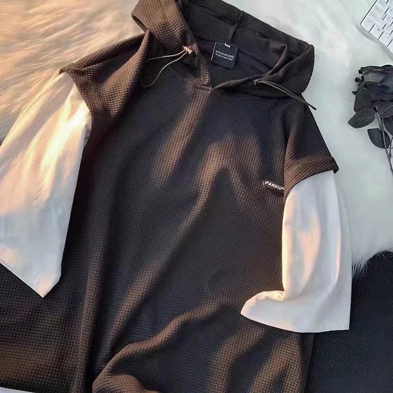 Set Áo Hoodie Giả Hai Lớp Phối Quần Short Thời Trang Hong Kong Cá Tính Cho Nam