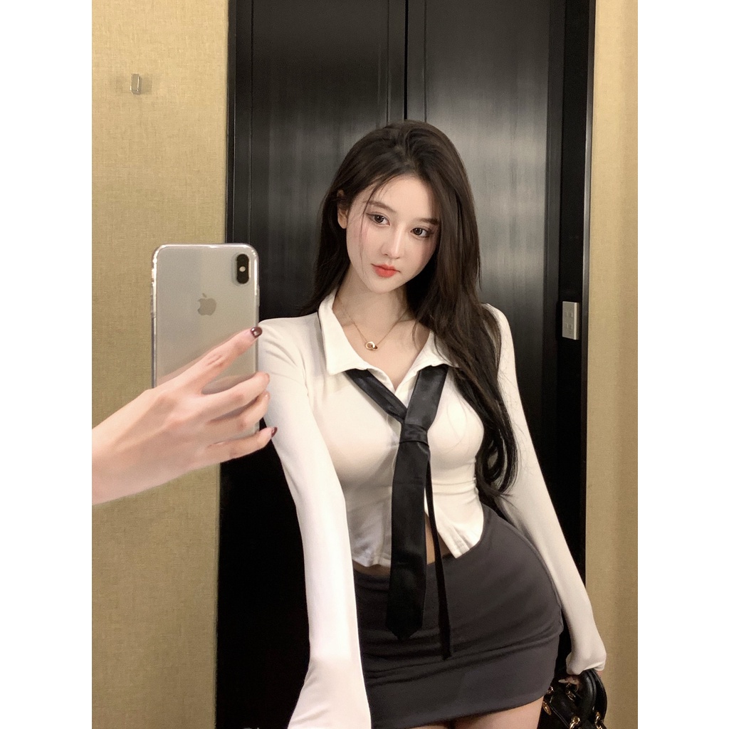 Bộ Áo Thun polo Dài Tay + Chân Váy Màu Trơn Thời Trang Mùa Hè Hàn Quốc Dành Cho Nữ