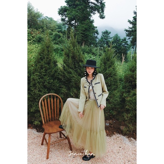 Áo khoác vải tweed màu xanh cao cấp