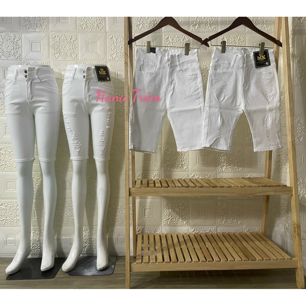 Quần jean lửng gối hàng lưng cao 2 nút co giãn mạnh màu trắng