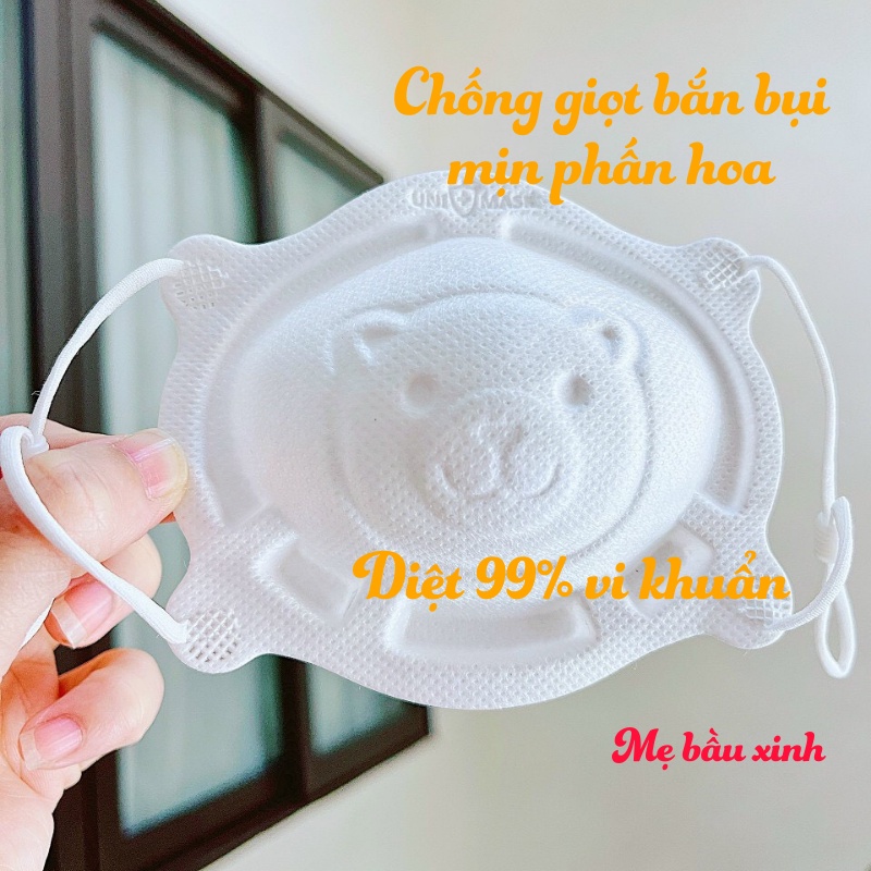 Set 3 Khẩu trang hình gấu 3D cho bé từ 0-3 tuổi thương hiệu Unimask cao cấp xuất Nhật, dây có nút điều chỉnh