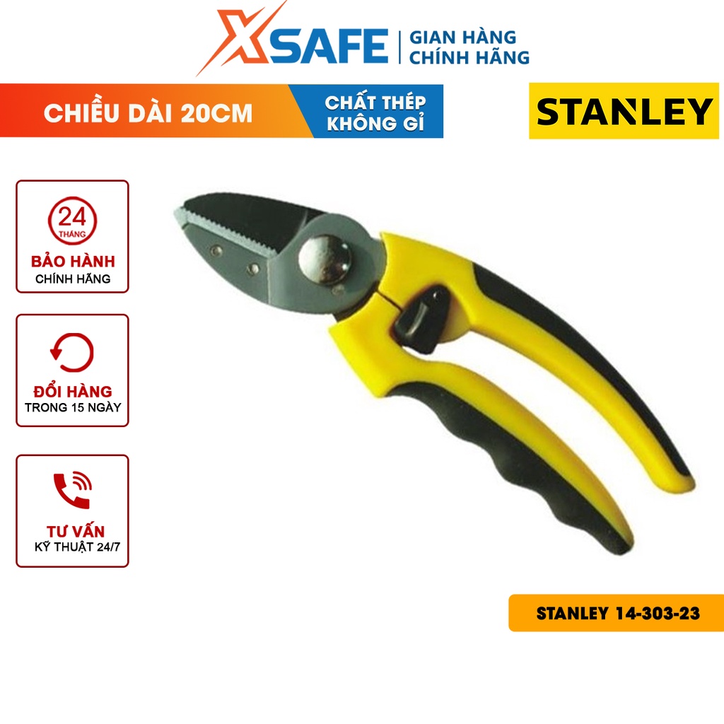 Kéo tỉa cành cây 8 inch STANLEY 14-303-23 200mm kiểu dáng gọn gàng, cán cầm đệm lò xo trợ lực êm ái