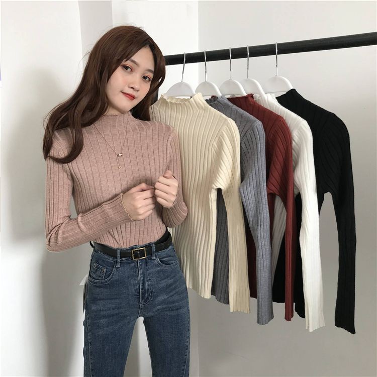 Áo Len Tay Dài Cổ Cao Dáng Ôm Phong Cách Hàn Quốc Thời Trang Thu Đông Cho Nữ