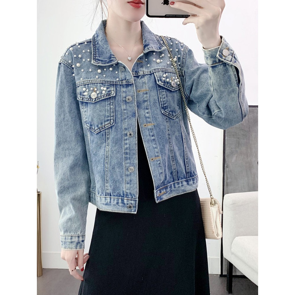 Áo khoác jeans dáng rộng đính hạt phong cách Hàn Quốc thời trang cho nữ