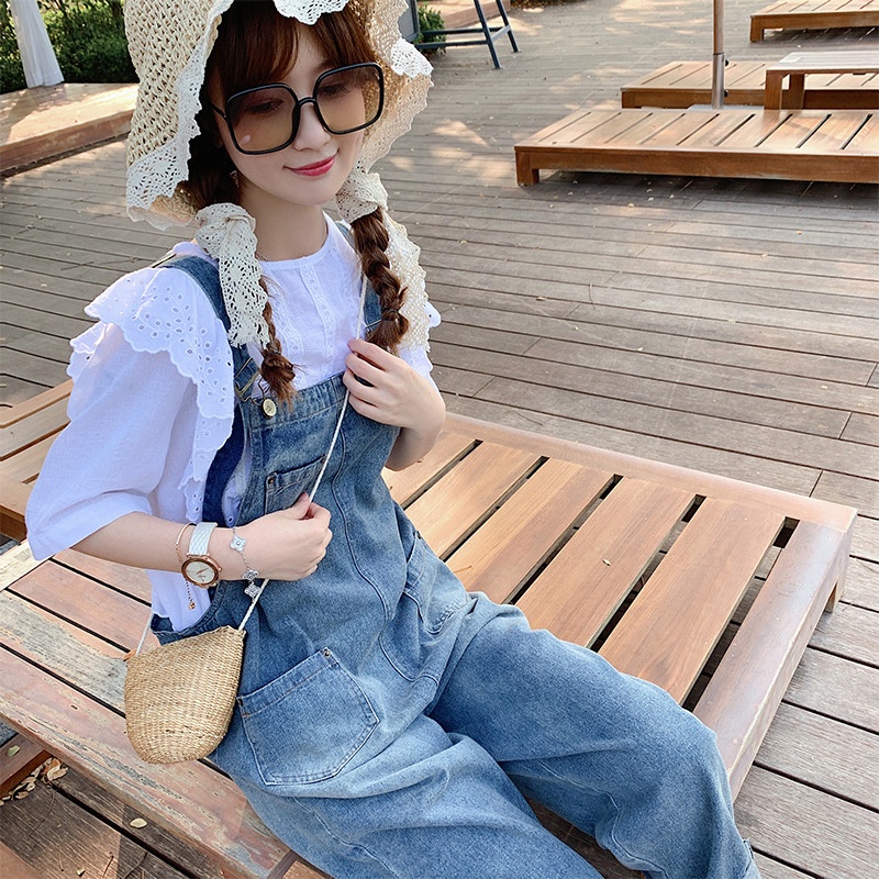 Quần Yếm Jean Dài Eo Cao Dáng Rộng Phong Cách Hàn Quốc Thời Trang Xuân Thu 2022