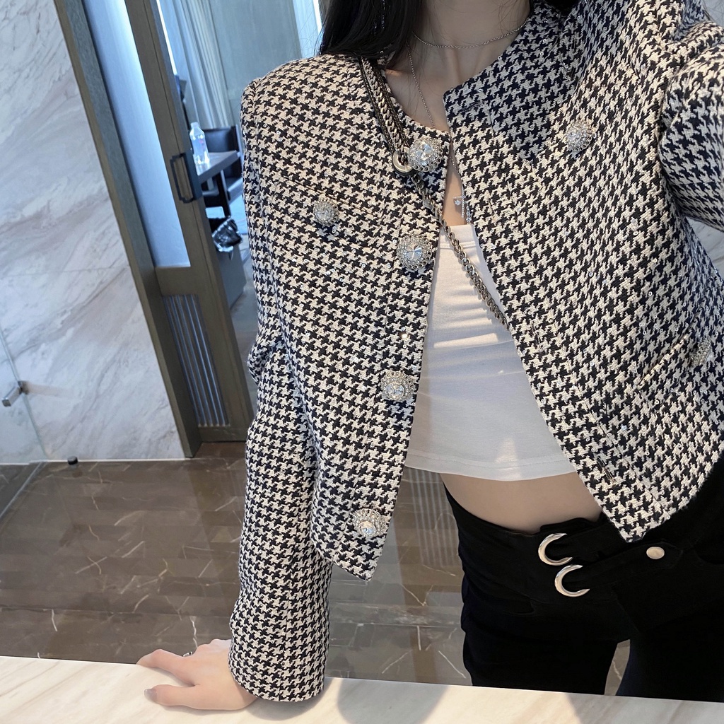 Áo khoác tweed ngắn họa tiết houndstooth nút đá cổ điển, thanh lịch