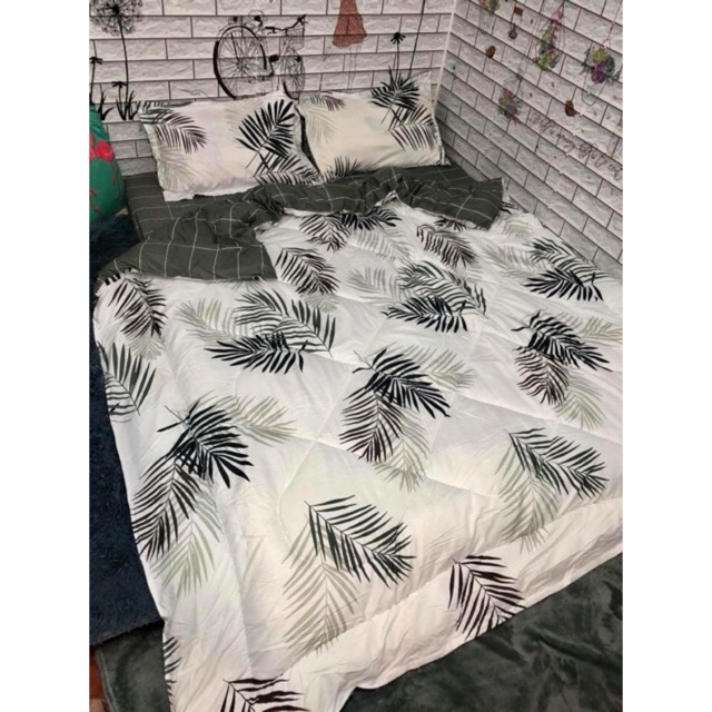 Bộ Drap & Chăn Phao Cotton Poly Lá Me Trắng