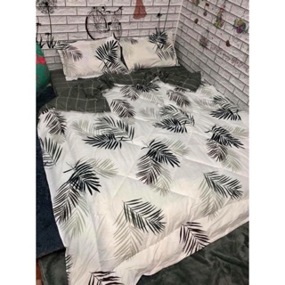 Bộ drap & chăn phao cotton poly lá me trắng