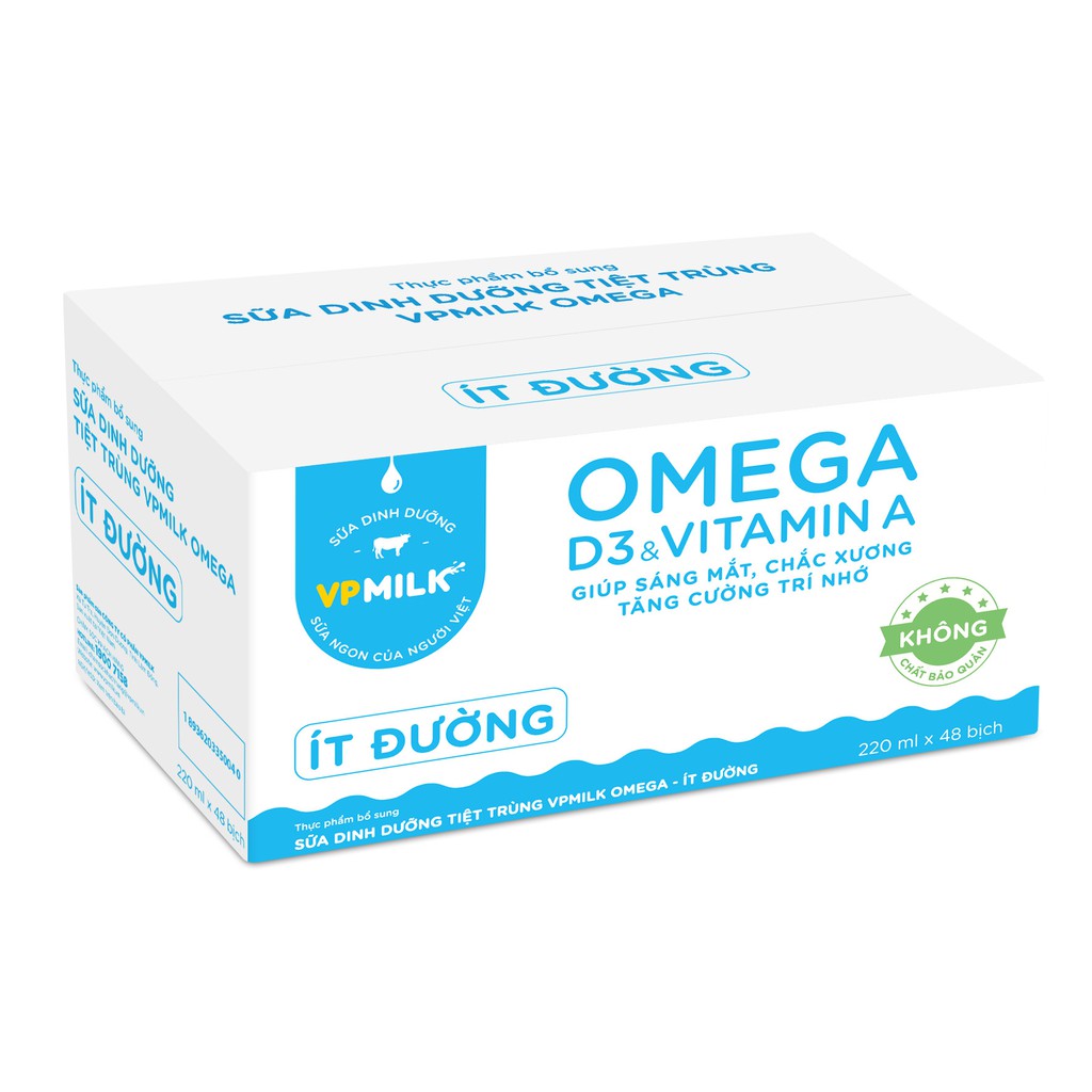 [Mã BMBAU50 giảm 50K đơn 150K] Sữa Dinh Dưỡng Tiệt Trùng VPMilk Omega 220ml (Thùng 48 bịch)