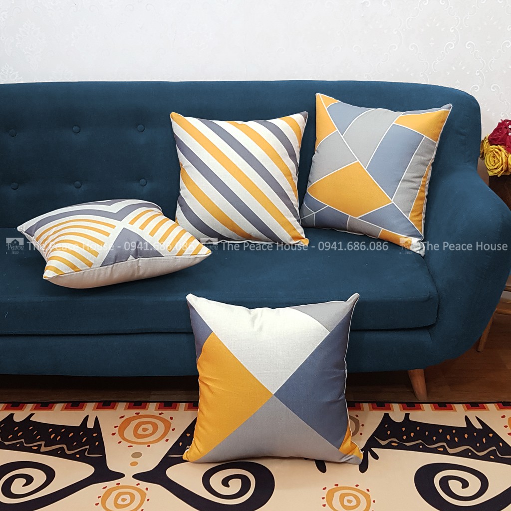 Vỏ gối tựa lưng vỏ gối tựa trang trí sofa, vỏ gối vuông HT hình học đen trắng cam xám (Giá chỉ gồm vỏ gối)