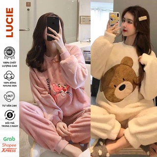 Bộ ngủ, đồ ngủ bông dài tay cho nữ LUCIE, hàng quảng châu cao cấp, thêu, dệt họa tiết báo hồng, gấu, siêu xinh, siêu ấm