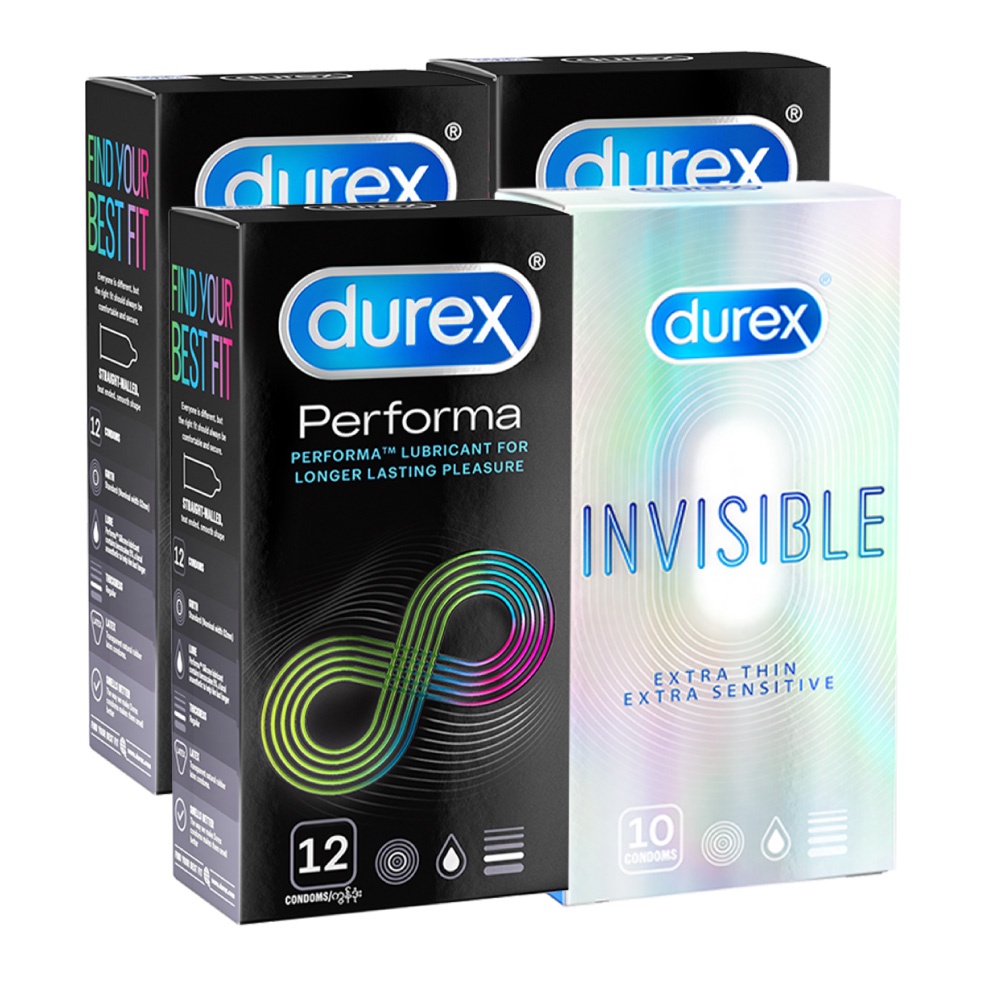 Bộ 3 bao cao su Durex Performa kéo dài thời gian (52mm, hộp 12bao) + 1 Durex Invisible siêu mỏng (52mm, hộp 10 bao)