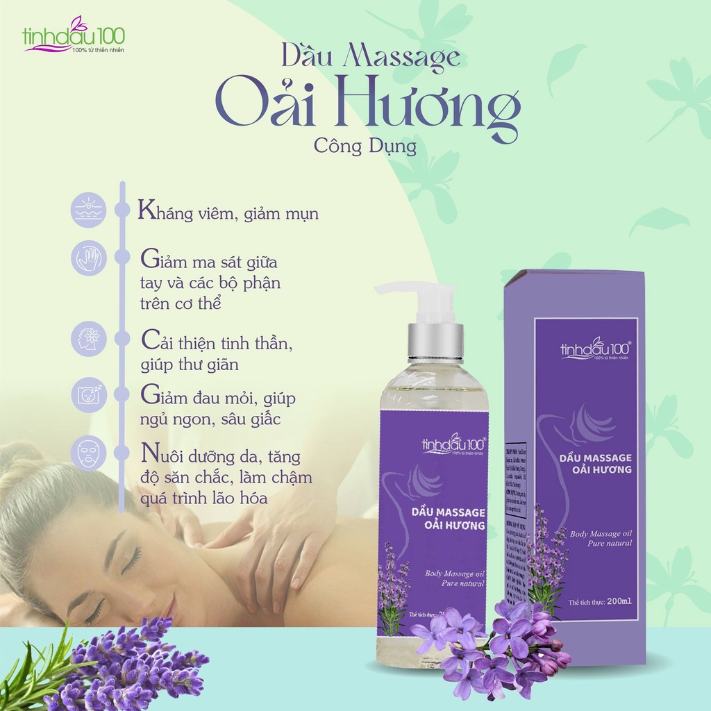 Tinh dầu massage body oải hương Tinh Dầu 100 giảm đau mỏi vai gáy, dầu matxa cơ thể hương lavender dưỡng da chai 200ml