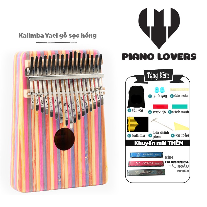 Đàn Kalimba 17 phím Gỗ Mahogany Yael Sọc Hồng Tặng Kèm Harmonica 24 Lỗ Màu Ngẫu Nhiên - HÀNG CÓ SẴN