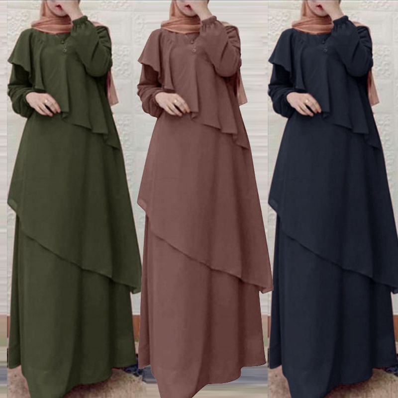Đầm maxi ZANZEA tay dài phối bèo thiết kế thanh lịch cho phụ nữ Hồi Giáo