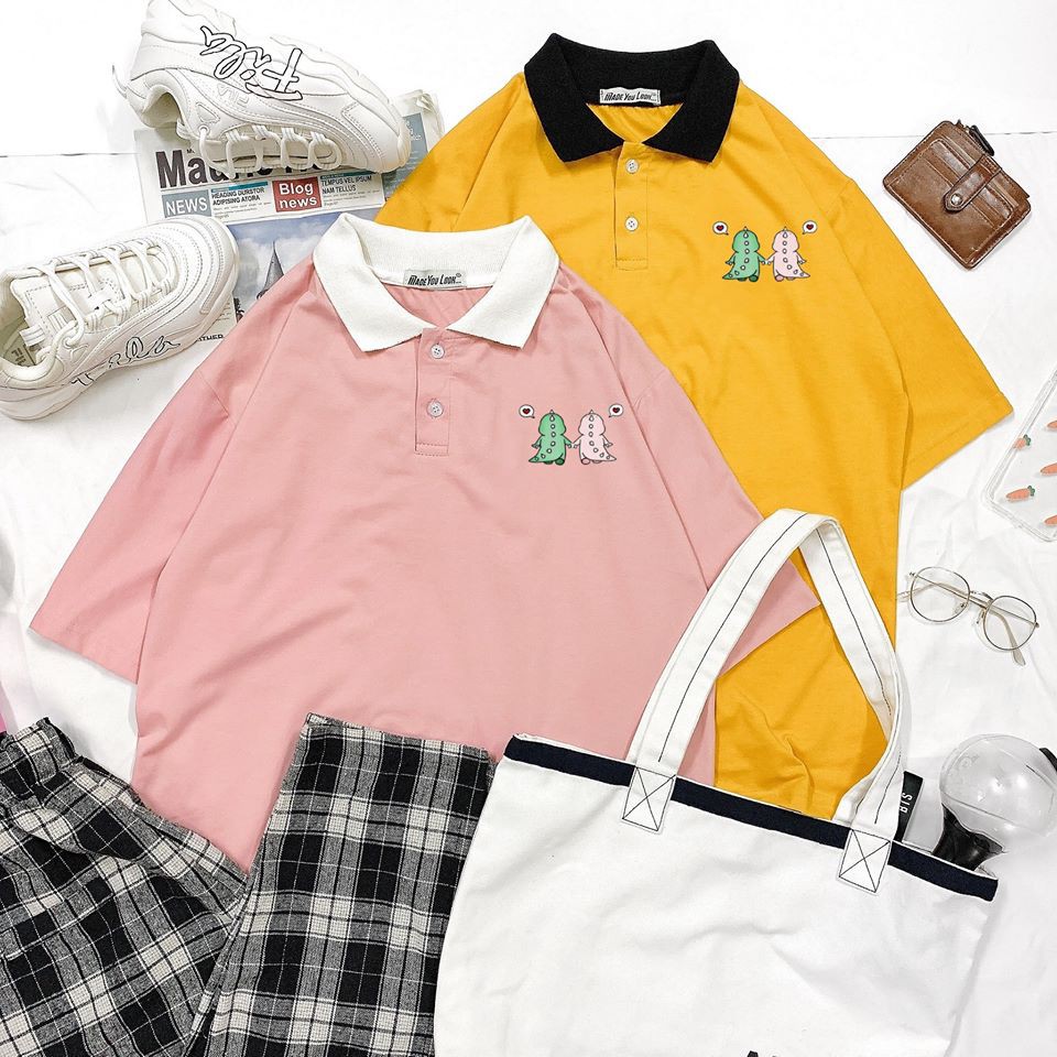 [FREESHIP] Áo Thun POLO Tay Lỡ 💖 Form Rộng Unisex Nam Nữ 💖 Phong Cách Ulzzang Hàn Quốc In Khủng Long Cute | BigBuy360 - bigbuy360.vn