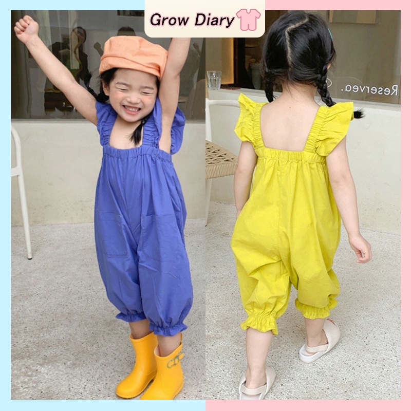 Áo Liền Quần Không Tay Ống Rộng Bằng Vải Cotton Màu Sắc Trơn Dành Cho Bé Gái 1-6 Tuổi
