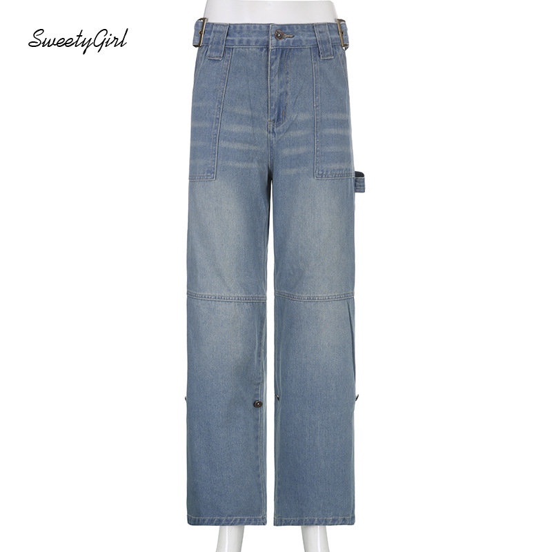 Quần Jean Dài Dáng Rộng Lưng Thấp Màu Trơn Phối Túi Thời Trang 2022 Cho Nữ