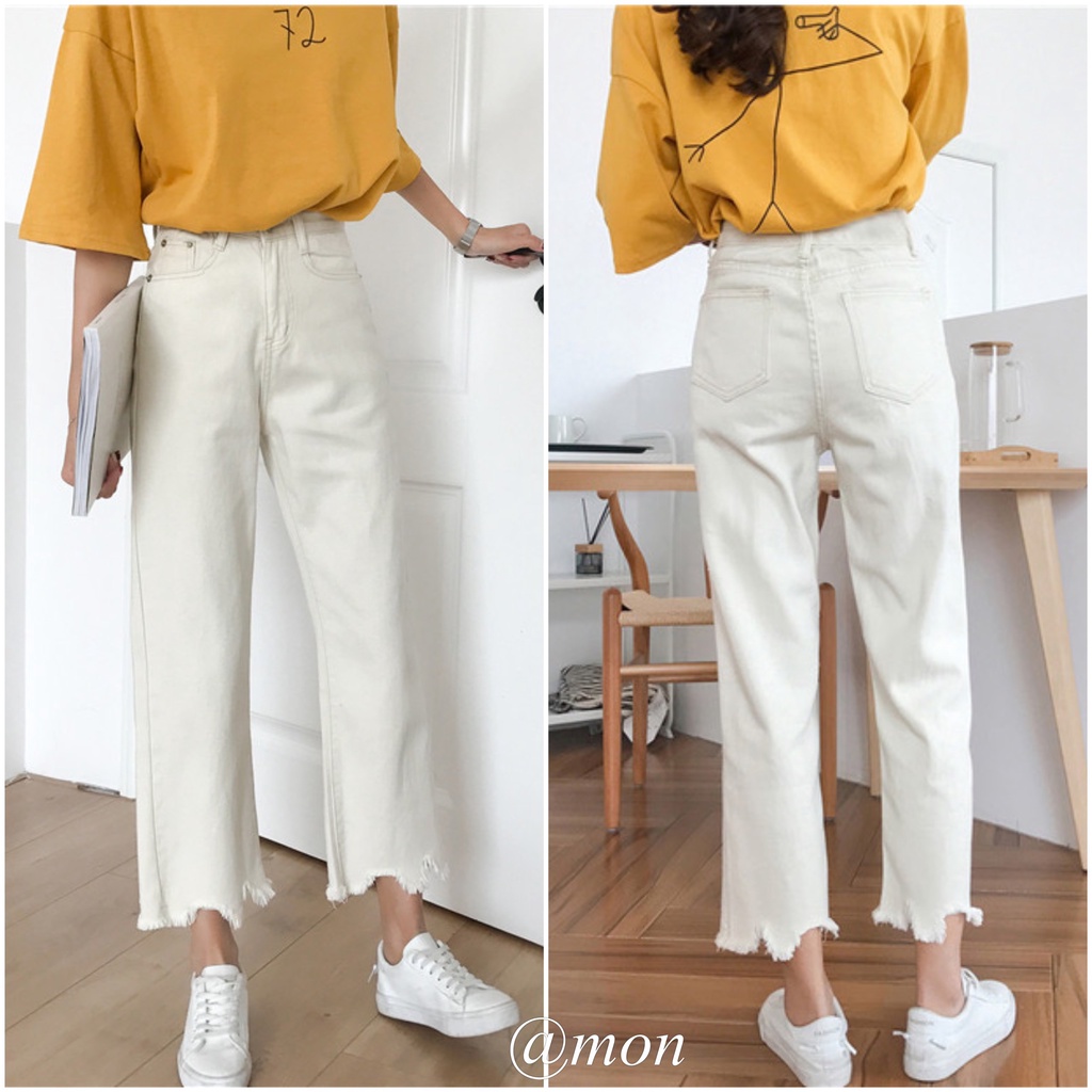 190517 Quần baggy jeans nữ ulzzang ống đứng form vừa tua rua gấu 2 màu có size