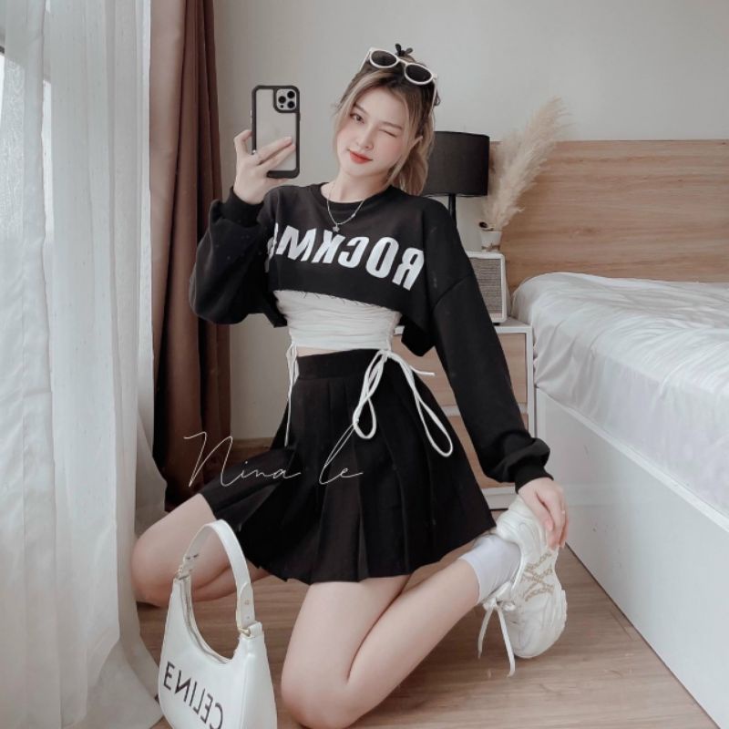 Sét áo cặp  RÚT DÂY 2 bên croptop in chữ ROCKMO