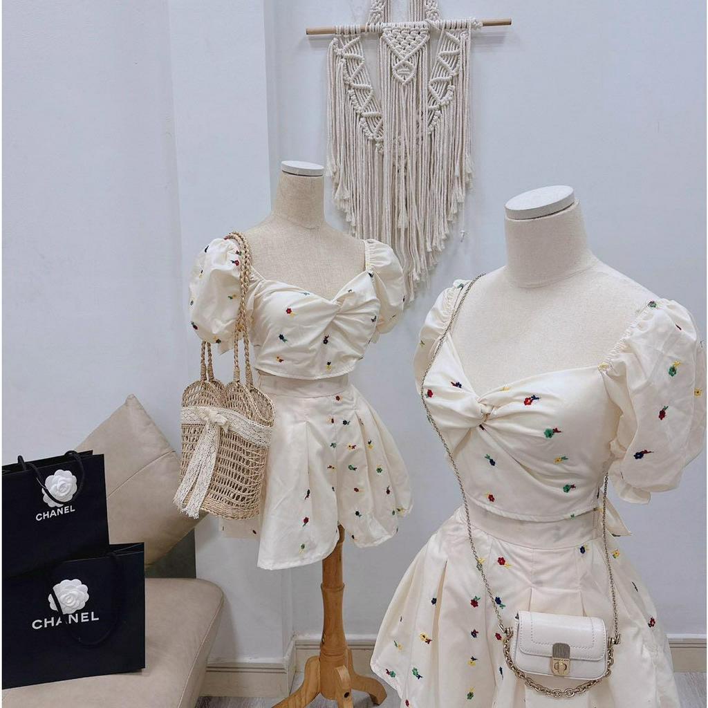 SET ÁO NUDE XOẮN THÊU HOA NƠ SAU + SHORT