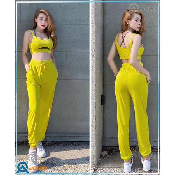 Set áo bra 2 lớp phối quần Jogger 2 túi hông tập gym, thể thao siêu xinh