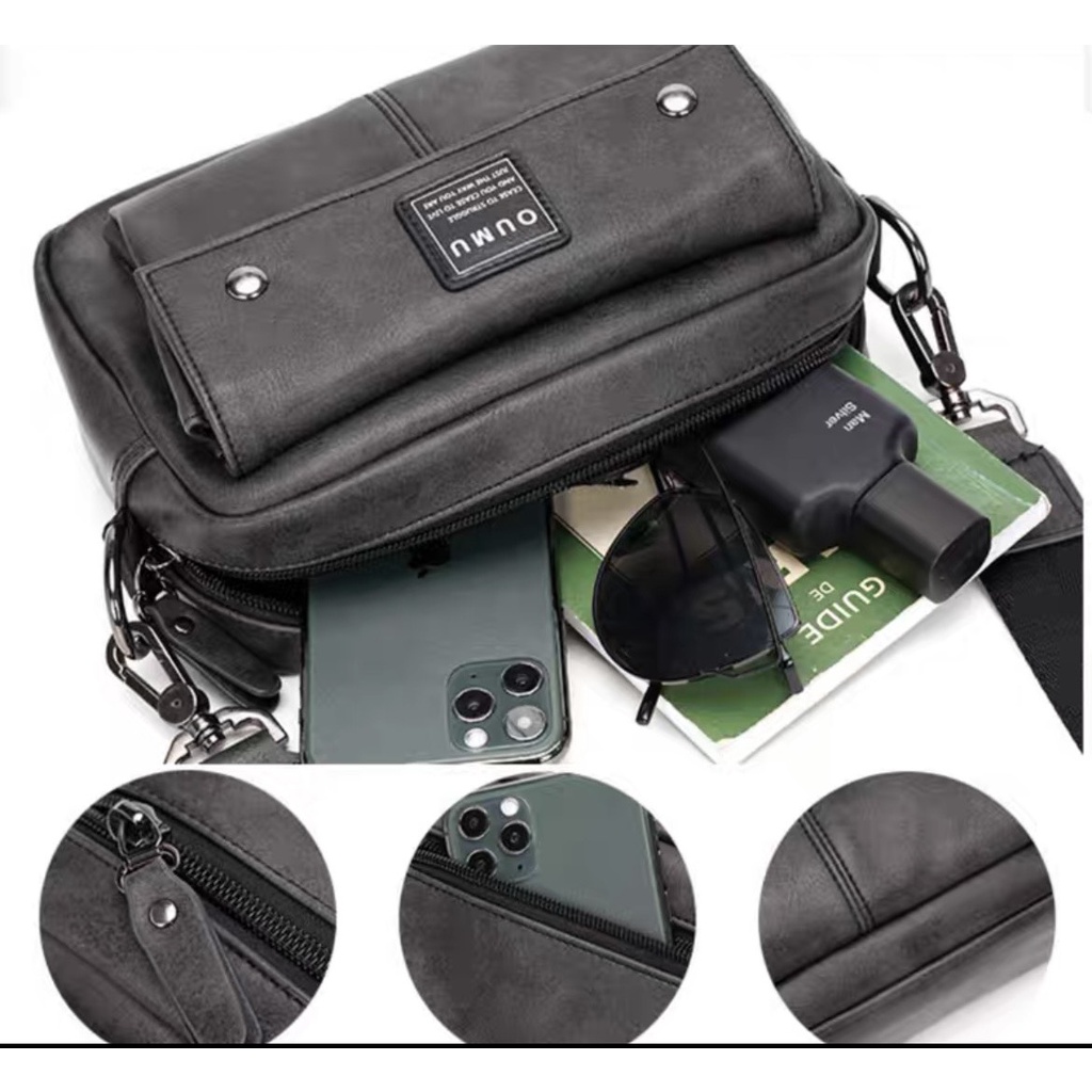 Túi Đeo Chéo Nam OUMU Da PU Cao Cấp Màu Xám Xi Măng