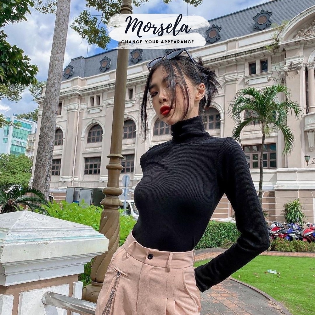 Áo croptop tay dài nữ cổ lọ - Áo kiểu nữ dáng croptop dài tay - Morsela