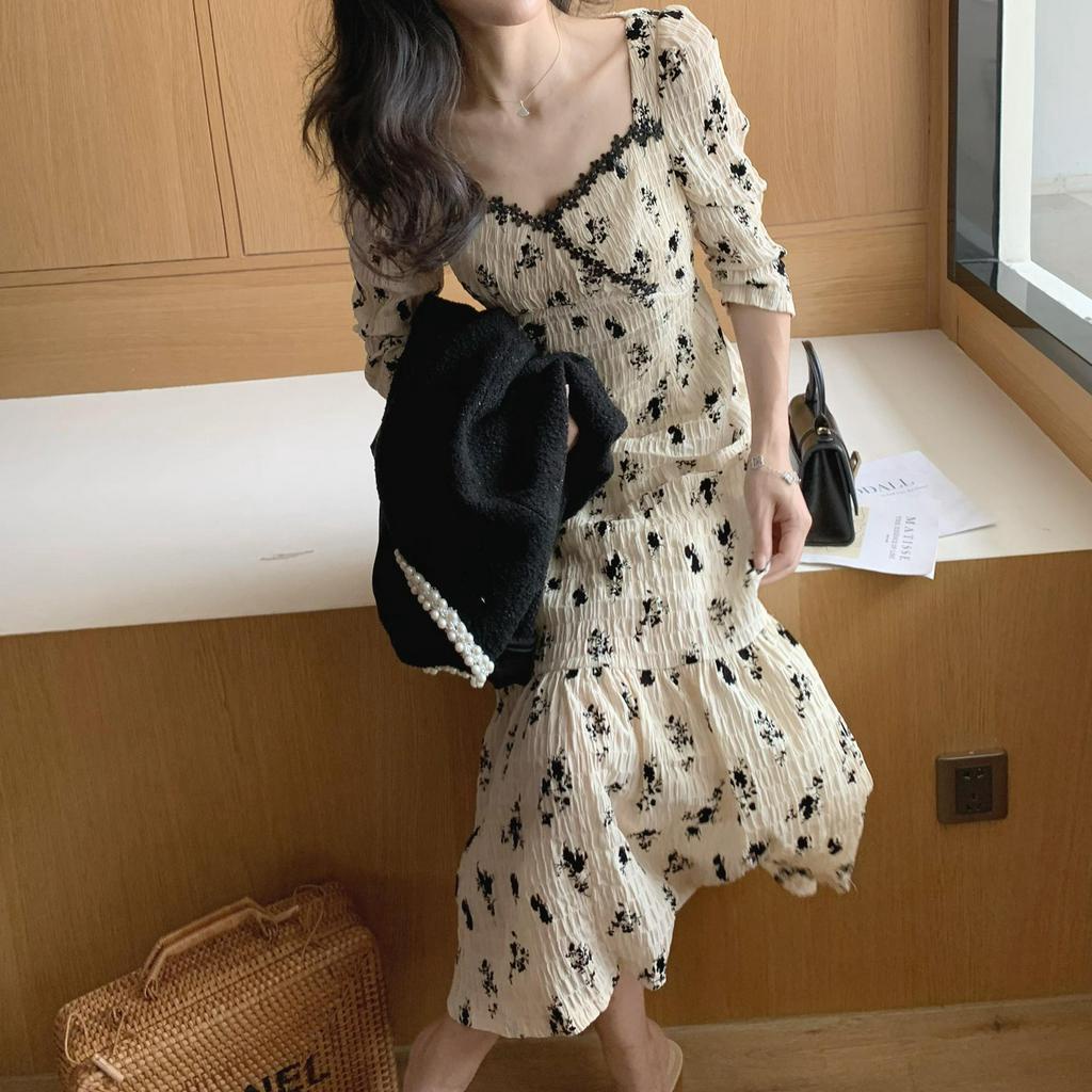 Đầm midi  tay 3/4 thêu hoa thời trang mùa hè thanh lịch cho nữ 2022