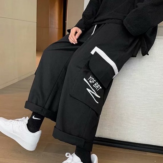 【M-3XL】Loose Men's Trousers Summer Overalls Men's Trendy Nine-Point Korean Version of The Tide Brand Harem Trousers for Men Harajuku Hong Kong Style Cargo Pants Men Clothes Hipster Korean High Waist Trousers Big Pocket Straight Casual Wide Leg Capris