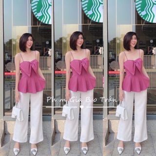 Sét Bộ Hồng Áo 2 Dây Đính Nơ Quần Ống Rộng Dễ Thương